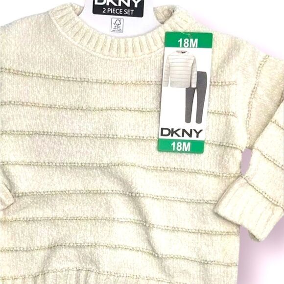 DKNY NEW Cream Sweater & Gray Leggings Set ~ Gold Accent Threads Polka Dots 18m - Picture 3 of 10